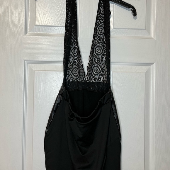 Plunge Halter Lace Faux Leather Midi Dress - Picture 2 of 8